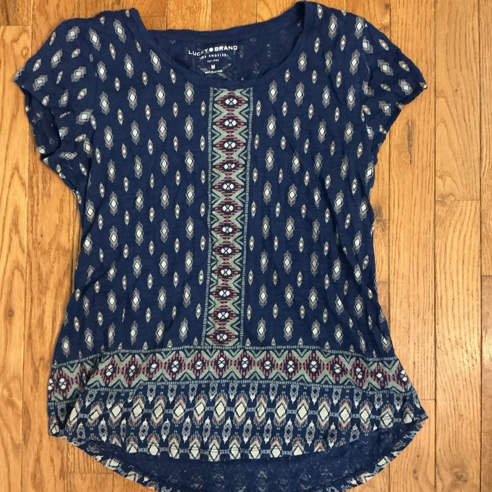 Lucky Brand Boho Top Women's M Geometric Aztec Print Short Sleeve Curved Hem